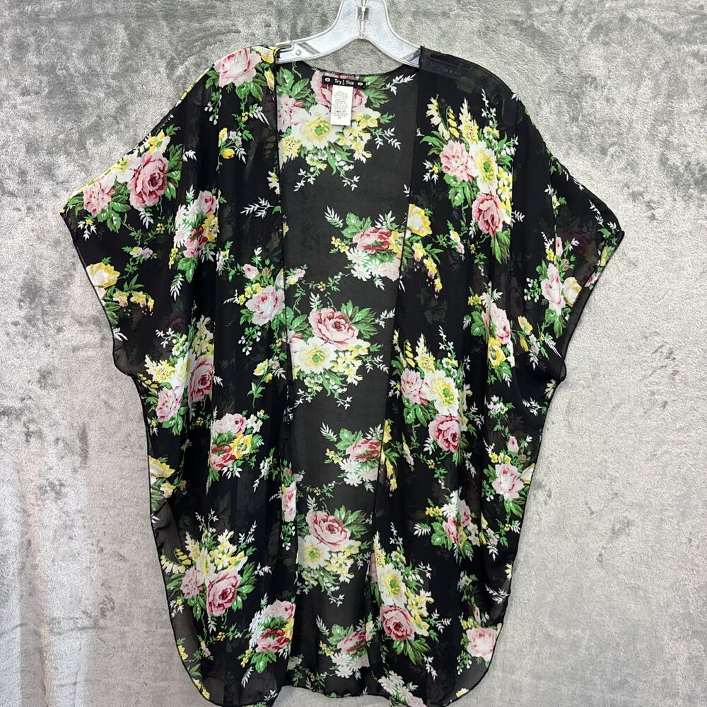 Try! This Women's S/M  Kimono Blouse Black & Pink Floral Semi Sheer Cardigan